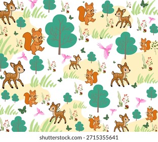 Patrón repetitivo de ilustración de dibujos animados de ciervos y ardillas en un entorno forestal.