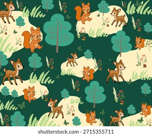 Patrón repetitivo de ilustración de dibujos animados de ciervos y ardillas en un entorno forestal.