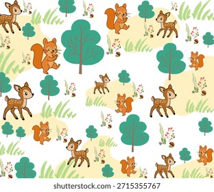 Patrón repetitivo de ilustración de dibujos animados de ciervos y ardillas en un entorno forestal.