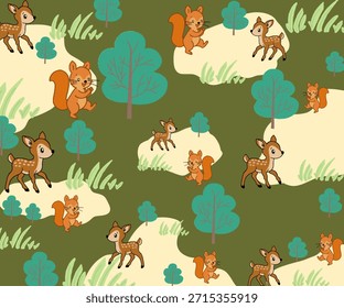 Patrón repetitivo de ilustración de dibujos animados de ciervos y ardillas en un entorno forestal.