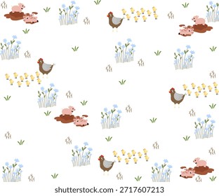 Patrón repetitivo de ilustraciones de dibujos animados de animales de granja, pollos, ovejas y cerdos.