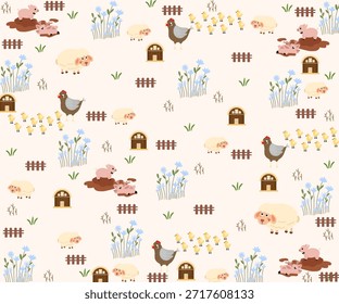 repeating pattern of cartoon illustrations of farm animals, chickens, sheep, and pigs.