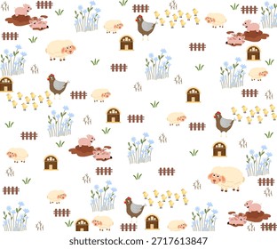 Patrón repetitivo de ilustraciones de dibujos animados de animales de granja, pollos, ovejas y cerdos.
