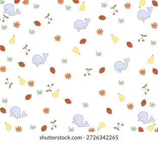 Repeating pattern of cartoon images of sea animals dolphins, fish, coral