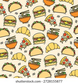 Wiederholtes Muster aus Cartoon-Sandwiches, Croissants und Nudelschüsseln