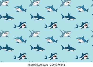 A repeating pattern of cartoon sharks swimming in a light blue ocean background.