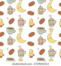 Repeating pattern of cartoon tea cups, moons, stars, and animals