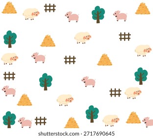 Un patrón repetitivo de ilustraciones de animales de granja de estilo de dibujos animados. Ovejas, cerdos, árboles, pajares y depósitos de lodo.