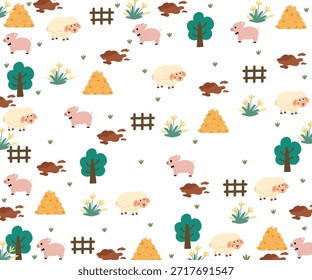 Un patrón repetitivo de ilustraciones de animales de granja de estilo de dibujos animados. Ovejas, cerdos, árboles, pajares y depósitos de lodo.