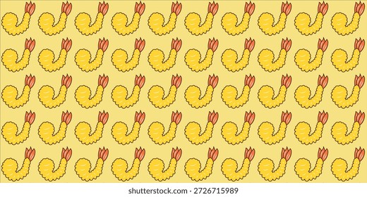 Ein sich wiederholendes Muster aus gebratenen Garnelen-Tempura im Cartoon-Stil mit roten Schwänzen auf hellgelbem Hintergrund, das ein fröhliches Design zum Thema Essen schafft.