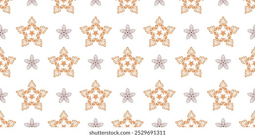  A repeating pattern with central elements in the form of floral stars. Seamless pattern. Snowflakes pattern on white isolated background