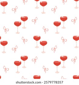 Repeating pattern with champagne glasses and bows. Stylish vector print for festive themes. Ideal for party invitations, event decor, wallpapers, and digital graphics.