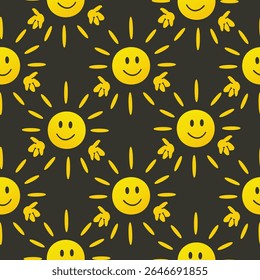 A repeating pattern of cheerful yellow suns with smiling faces and rays on a dark background. The design is playful and vibrant, suitable for various applications.