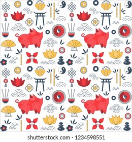 Repeating pattern with Chinese New Year elements for fabric, textiles, gift wrapping paper and print. China Spring Festival 2019 seamless background with pig, lotus flowers and traditional ornaments.