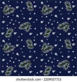 Repeating pattern of Christmas tree branches with cones and snowflakes on a dark blue background. New Year's composition. Paper for wrapping gifts and souvenirs for the new year.