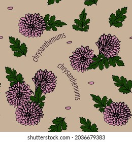 
sich wiederholendes Muster von Chrysanthemum-Blumen und Blättern auf lila Hintergrund