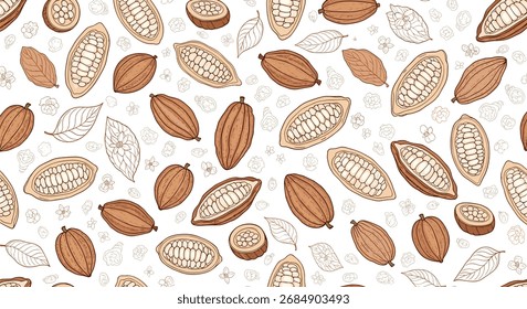 Um padrão repetido de grãos de cacau e folhas em vários tons de marrom e branco.
