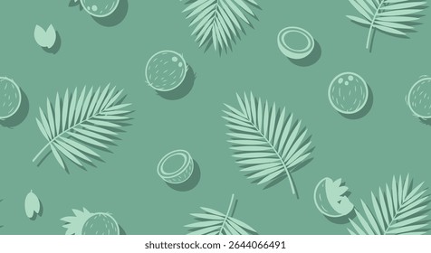 A repeating pattern of coconuts, halved coconuts, coconut sprouts, and palm fronds in a muted teal color scheme.