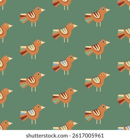 Repeating pattern of colored birds on a green background Vector
