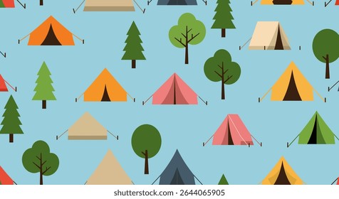 A repeating pattern of colorful camping tents and trees, creating a fun and outdoorsy design. Various tent colors and tree shapes are featured.
