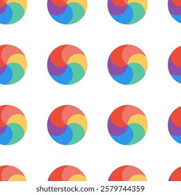 Repeating pattern of colorful circular shapes on a white background. Each circle is divided into curved, overlapping segments in rainbow colours, creating a swirling or pinwheel effect. 