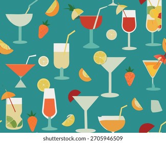 Um padrão repetitivo de coquetéis coloridos, frutas cítricas e morangos em um fundo azul-petróleo.