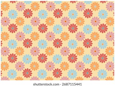 Um padrão repetitivo de flores coloridas em margaridas sobre um fundo amarelo claro.