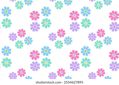 Repeating pattern of colorful daisy-like flowers in pink, blue, green, and purple on a white background.