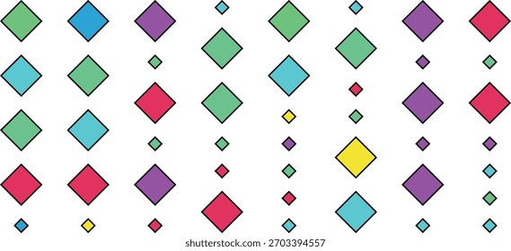 A repeating pattern of colorful diamond shapes in various sizes and colors arranged on a white background with a subtle outline.
