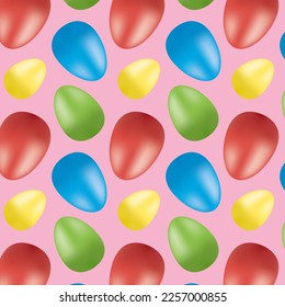 Repeating pattern of colorful Easter eggs on a pink background