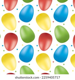 Repeating pattern of colorful Easter eggs and dots on white background