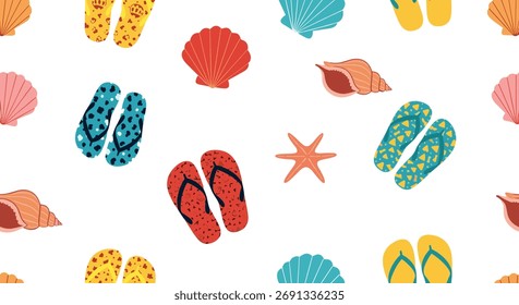Um padrão repetitivo de chinelos coloridos e conchas em um fundo branco.