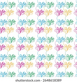 A repeating pattern of colorful floral swirls and stylized leaves in blue green pink and orange on a white background