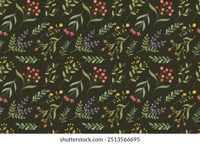Patrón repetitivo de flores coloridas y hojas verdes sobre un fondo oscuro