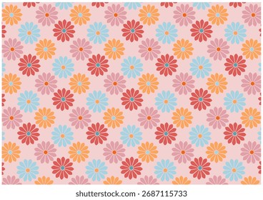 A repeating pattern of colorful flowers on a pink background.