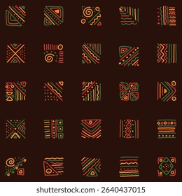 Repeating pattern of colorful, geometric designs in squares. The designs consist of lines, dots, triangles, and other shapes in varying hues of red, green, and orange
