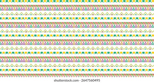 A repeating pattern of colorful geometric shapes and heart icons on a white background.