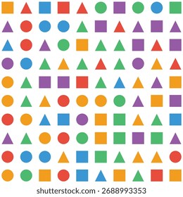 A repeating pattern of colorful geometric shapes, including triangles, squares, and circles, against a clean white background. The shapes are evenly spaced.