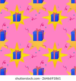 A repeating pattern of Colorful gift box with ribbon sits in the center of a bright yellow star on a pink background. Around the star are festive confetti and streamers creating a holiday atmosphere