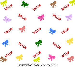 repeating pattern of colorful ribbons and the word "HELLO".
