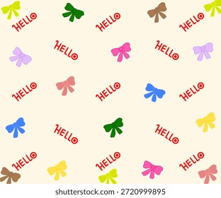 repeating pattern of colorful ribbons and the word "HELLO".
