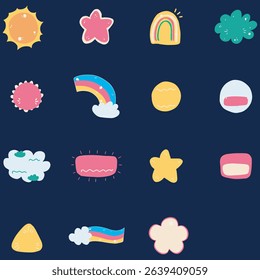 Repeating pattern of colorful, simple shapes, including suns, stars, rainbows, clouds, and flowers, all on a dark background.  The shapes are outlined and filled with various bright colors.