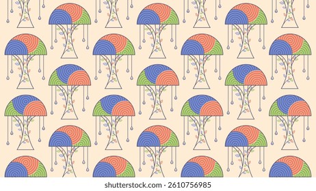 Repeating Pattern of Colorful Tree-like Shapes