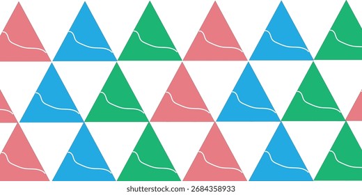 Ein sich wiederholendes Muster aus bunten Dreiecken mit jeweils einer weißen gekrümmten Linie. Die Dreiecke sind in einem Gitter, abwechselnd Farben angeordnet.