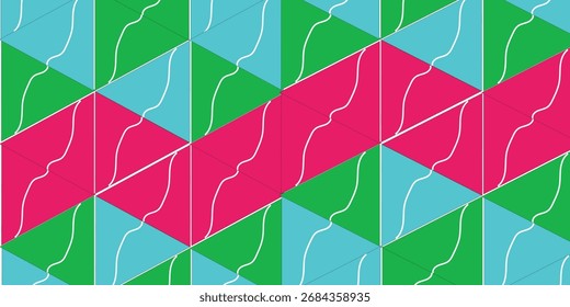 Padrão repetitivo de triângulos coloridos, com linhas brancas no interior, dispostos em um design geométrico.