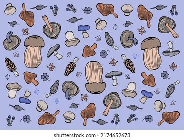 A repeating pattern with colourful mushrooms