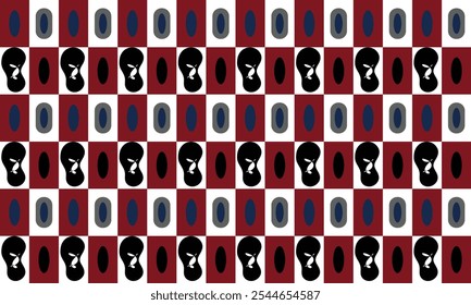 A repeating pattern combining blue and black ovals and red and white geometric squares, providing a rhythmic feel that is ideal for posters or invitations