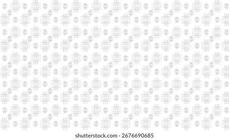 A repeating pattern of complex black geometric wireframe structures covers the white background in a dense grid.