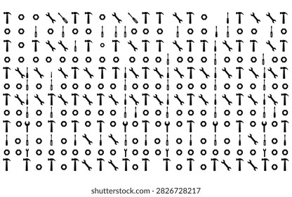 A repeating pattern composed of various tools, including wrenches and screwdrivers, is presented against a clean white background, offering a versatile design element.