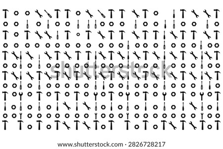 A repeating pattern composed of various tools, including wrenches and screwdrivers, is presented against a clean white background, offering a versatile design element.